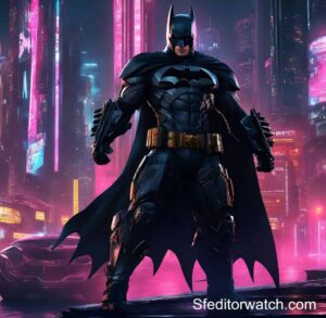 A 1/6 scale Batman figure, standing in a heroic pose. The figure is wearing the classic Batman costume, with a black cape and cowl, and a yellow bat symbol on his chest. The figure is holding a Batarang in his right hand.