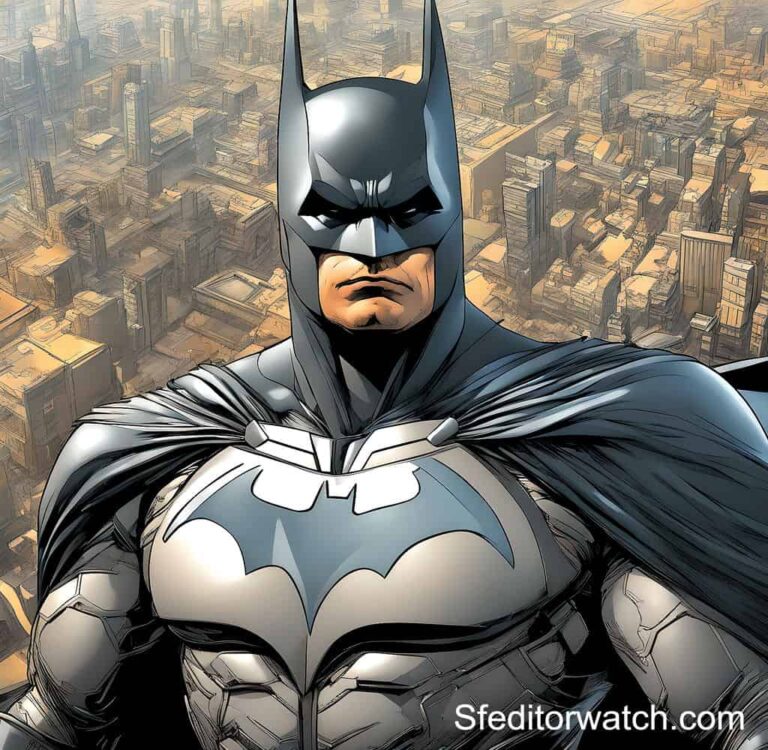 A close-up of a 1/6 scale Batman figure. The figure is wearing the iconic Batman costume and is holding a Batarang.