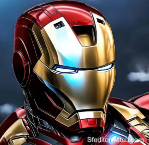 A close-up photo of the face of the Hot Toys Iron Man Mark 85 figure from the movie Avengers: Endgame. The figure is highly detailed and accurate to the movie, with a realistic sculpt of Tony Stark's face and a battle-damaged finish.