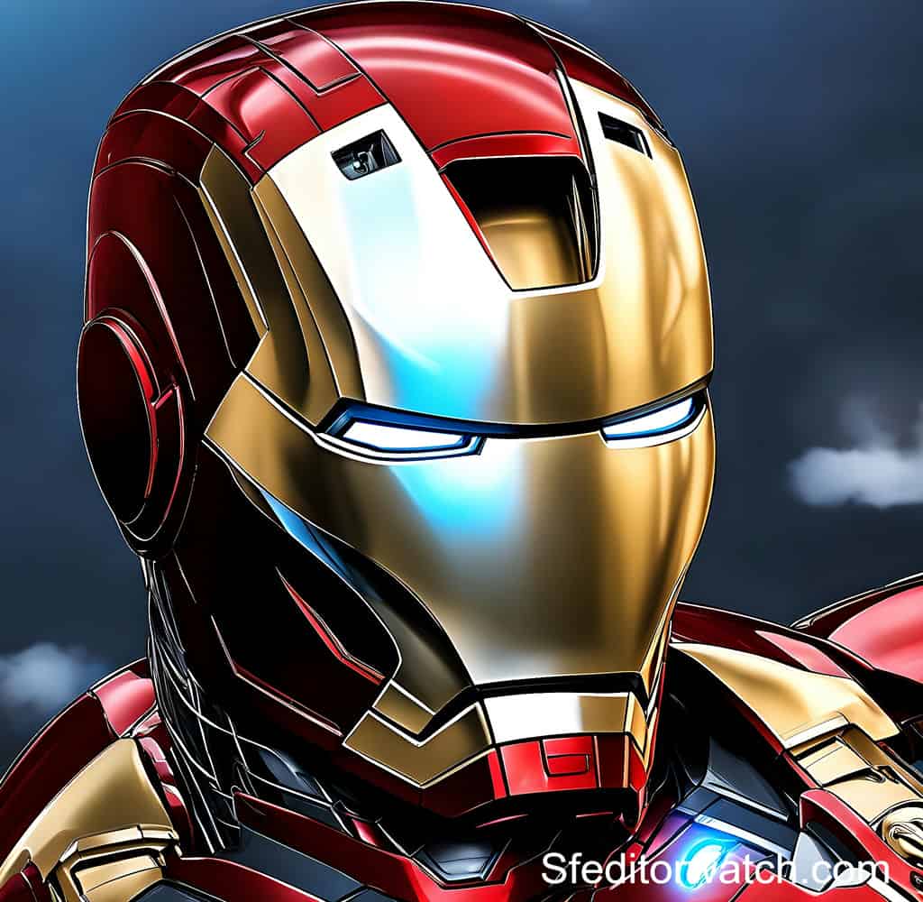 A close-up photo of the face of the Hot Toys Iron Man Mark 85 figure from the movie Avengers: Endgame. The figure is highly detailed and accurate to the movie, with a realistic sculpt of Tony Stark's face and a battle-damaged finish.