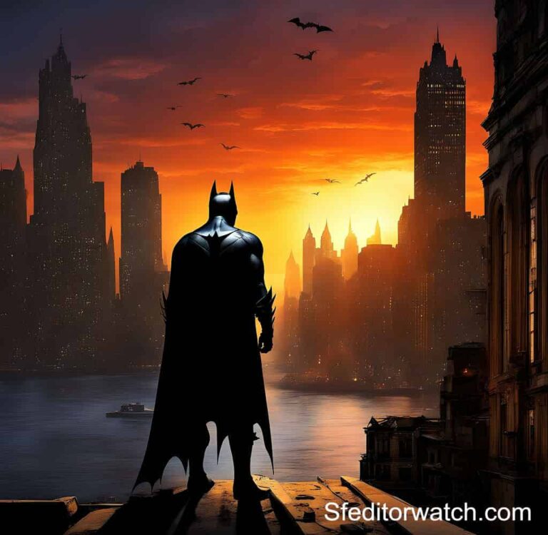 A Batman action figure from the 2022 movie. The figure is wearing the character's classic black and gray costume and is holding a Batarang. The figure is standing in front of a Gotham City backdrop.