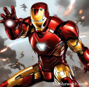 A close-up of the Hot Toys Iron Man Mark 46 Captain America: Civil War 1/6 Scale Collectible Figure. The figure is wearing the iconic red and gold armor and has a LED light-up helmeted head.