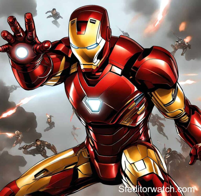 A close-up of the Hot Toys Iron Man Mark 46 Captain America: Civil War 1/6 Scale Collectible Figure. The figure is wearing the iconic red and gold armor and has a LED light-up helmeted head.