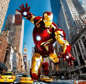 A image of a Hot Toys Classic Iron Man action figure. The figure is posed in a dynamic action pose, with its arms outstretched and its repulsor rays firing. The figure is wearing its classic red and yellow armor.