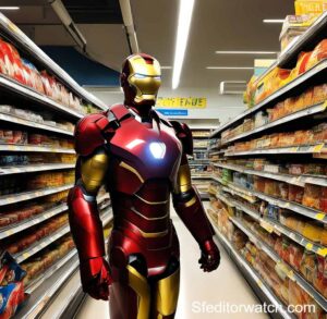 Iron Man Mark 1 Diecast Figure shopping at a grocery store.