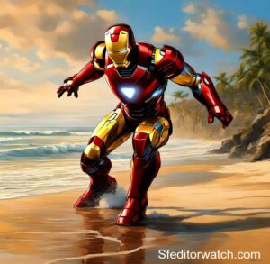 Iron Man Mark I action figure from Hot Toys. The figure is seen landing on a beach, its suit covered in sand and seaweed.
