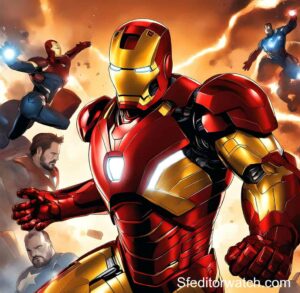 A photo of the Iron Man Mark XLVI action figure from Hot Toys. The figure is in a pose with its repulsor rays extended. The figure is made of plastic and metal and is painted in a metallic red, gold, and silver color scheme.