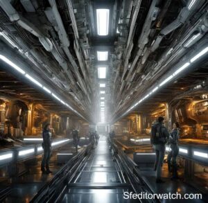 sci-fi-film-2004: Image of a man in futuristic clothing talking to a robot. The scene is set in a futuristic city.