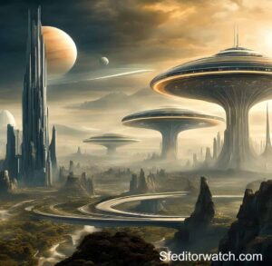 A futuristic city skyline with flying cars, skyscrapers, and other futuristic technology in Sci-Fi Movies 2004