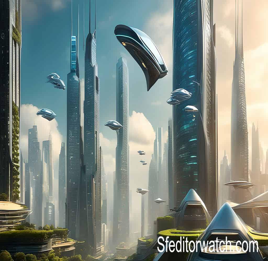 science fiction films 2009, A group of people looking at a screen that shows a scene from a science fiction movie. The movie is set in a futuristic cityscape.