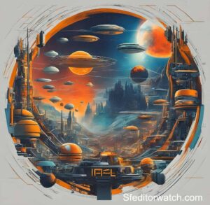 A futuristic cityscape with flying cars.