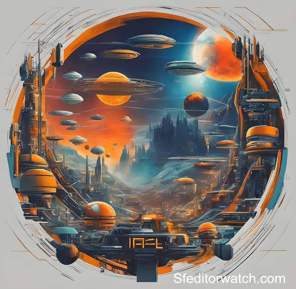 A futuristic cityscape with flying cars.